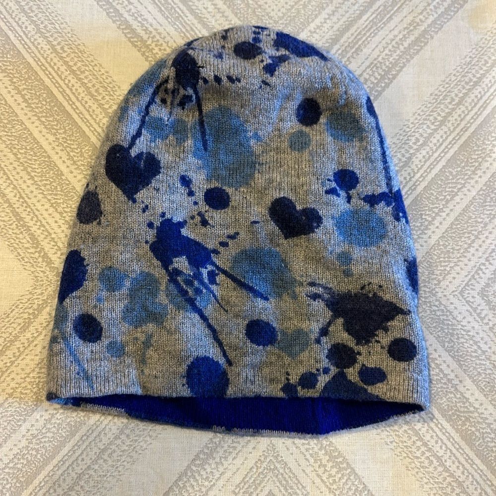 Autumn Cashmere Kids Girls Grey with Blue Splatter Beanie Hat